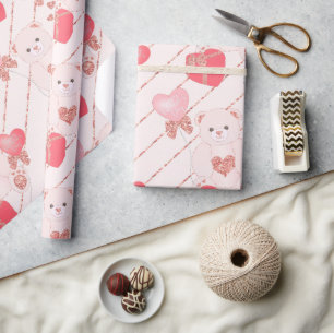 Adorable Teddy Bear Glitter Pink Hearts Valentines Wrapping Paper
