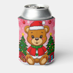 Adorable Teddy Bear in Santa Suit Can Cooler