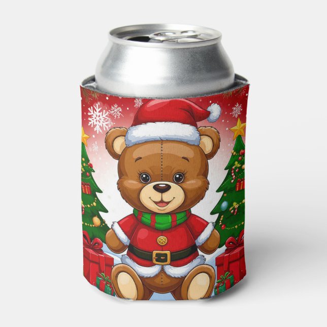 Adorable Teddy Bear in Santa Suit Can Cooler (Can Front)