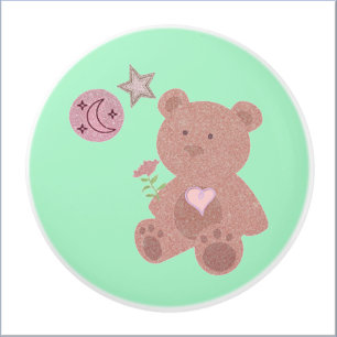 Adorable Teddy Bear Moon & Stars in Green Ceramic Knob