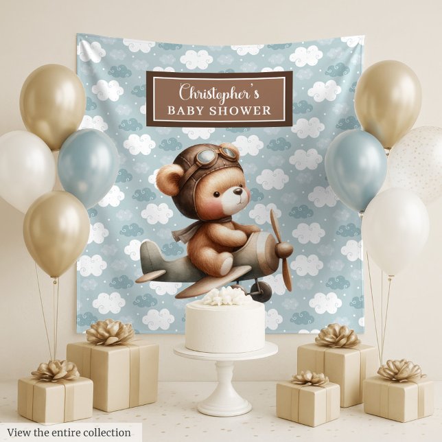Adorable Teddy Bear Pilot Baby Shower Backdrop Tapestry (Personalized Teddy Bear Pilot Baby Shower Gift Bag)