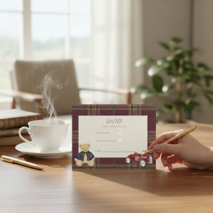 Adorable Teddy Bear Plaid Toy Car Watercolor Baby RSVP Card