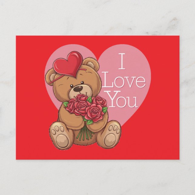 Adorable Teddy Bear Roses with 'I Love You' heart Holiday Postcard (Front)