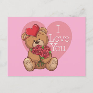 Adorable Teddy Bear Roses with 'I Love You' heart Holiday Postcard
