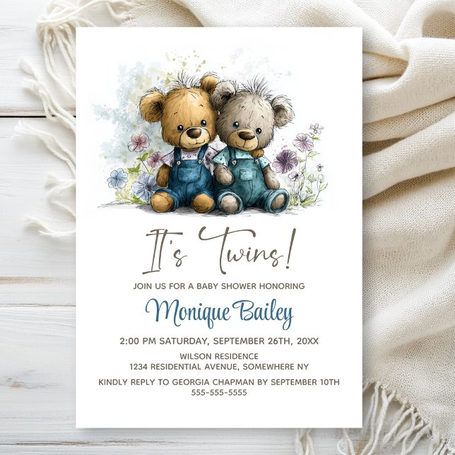 Adorable Teddy Bear Twins Baby Shower Invitation (Creator Uploaded)