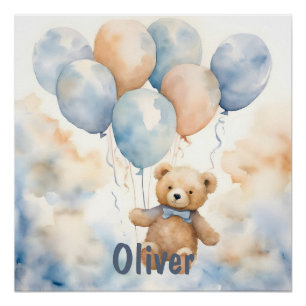 Adorable Teddy Bear with Balloons Watercolor Poster
