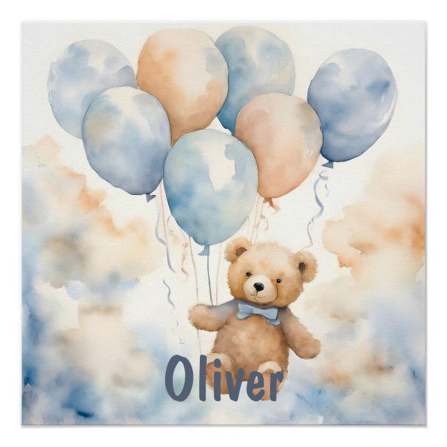 Adorable Teddy Bear with Balloons Watercolor  Poster (Front)