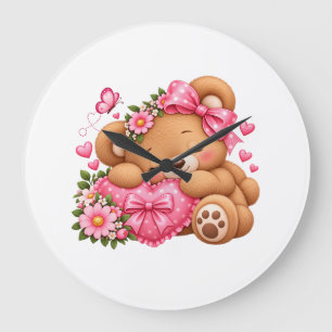 Adorable Teddy Bear with Pink Bow & Hearts   Cute  Large Clock