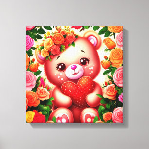 Adorable Teddy Bear with Roses and Heart Canvas Print