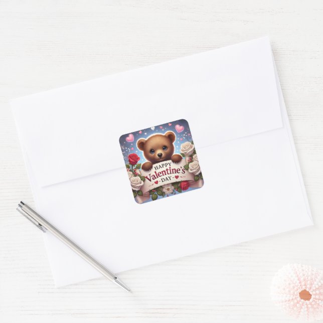 Adorable Teddy Bear with Roses Square Sticker (Envelope)