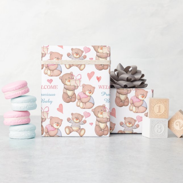 Adorable Teddy Bears Welcome Baby Shower Wrapping Paper (Baby Shower)