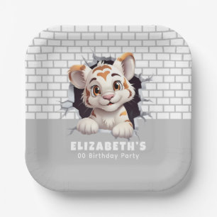 Adorable Tiger Cub Peeking Out Light Gray Party Paper Plate