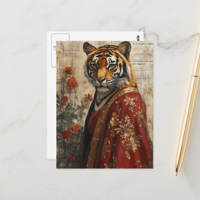 Adorable Tiger in a Robe Collage Postcard (Front/Back In Situ)