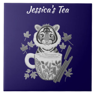 Adorable Tiger with Herbal Tea. Personalise Tile