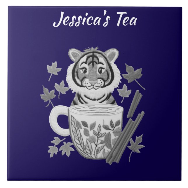 Adorable Tiger with Herbal Tea. Personalise Tile (Front)