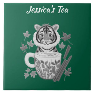 Adorable Tiger with Herbal Tea. Personalise Tile