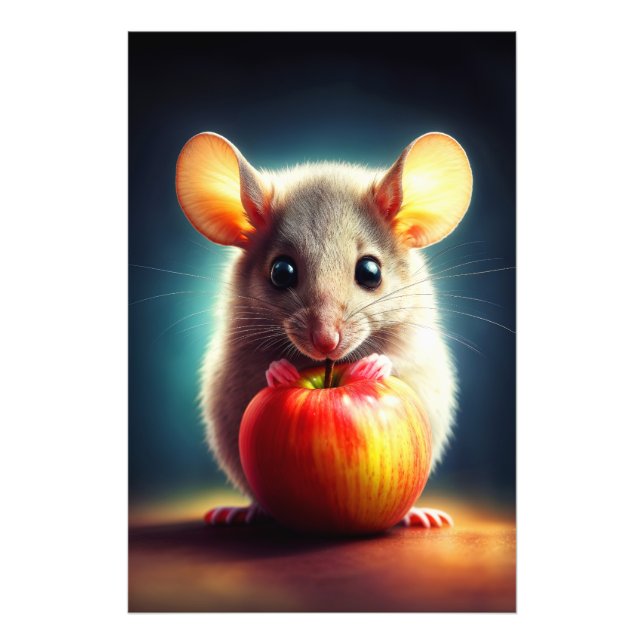 Adorable tiny rodent holding red apple close photo print (Front)