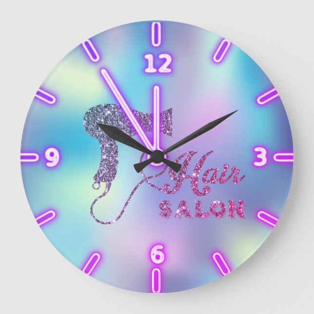 Adorable Trendy Ombre Holographic Hairdryer Large Clock (Front)