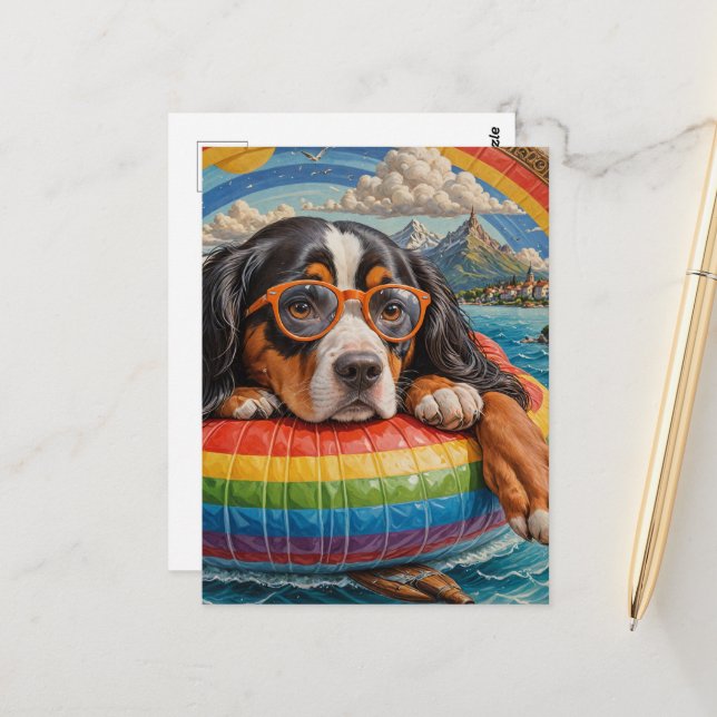 Adorable Tri Colour Dog enjoys Floating in a Lake  Postcard (Front/Back In Situ)