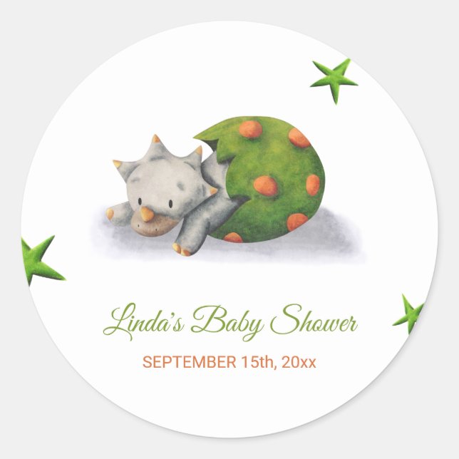 Adorable Triceratops Dinosaur Hatching Baby Shower Classic Round Sticker (Front)