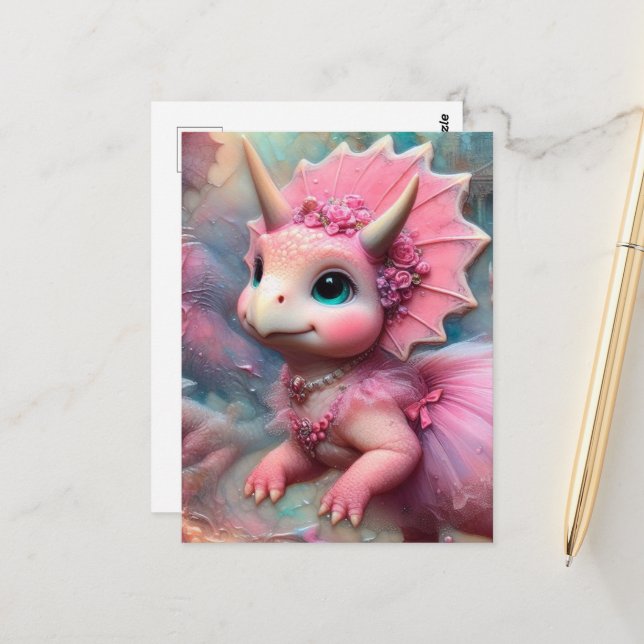 Adorable Triceratops in a Pink Dress Postcard (Front/Back In Situ)