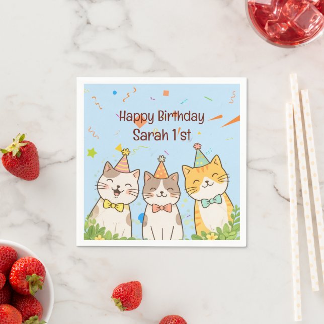 Adorable Trio of Birthday Cats | Custom Name & Age Napkin (Insitu)