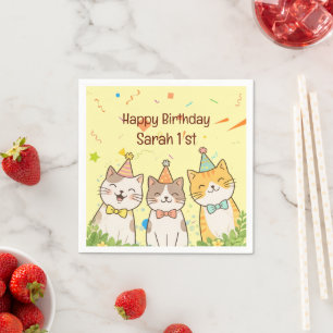 Adorable Trio of Birthday Cats Custom Name & Age Napkin