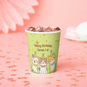 Adorable Trio of Birthday Cats Custom Name & Age Paper Cups