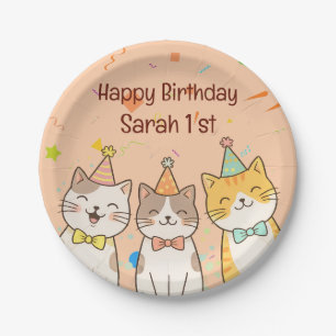 Adorable Trio of Birthday Cats Custom Name & Age Paper Plate