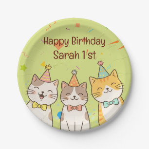 Adorable Trio of Birthday Cats Custom Name & Age Paper Plate