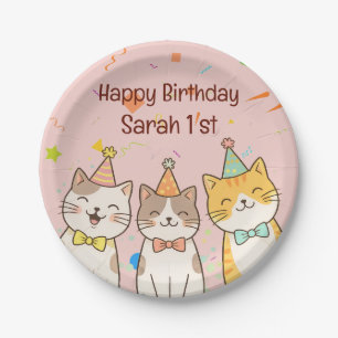 Adorable Trio of Birthday Cats Custom Name & Age Paper Plate