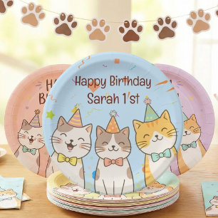 Adorable Trio of Birthday Cats   Custom Name & Age Paper Plate