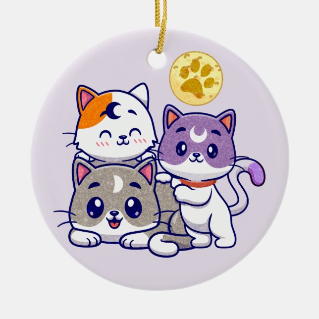 Adorable Trio – Three Cute Cats Ceramic Tree Decoration (Front)