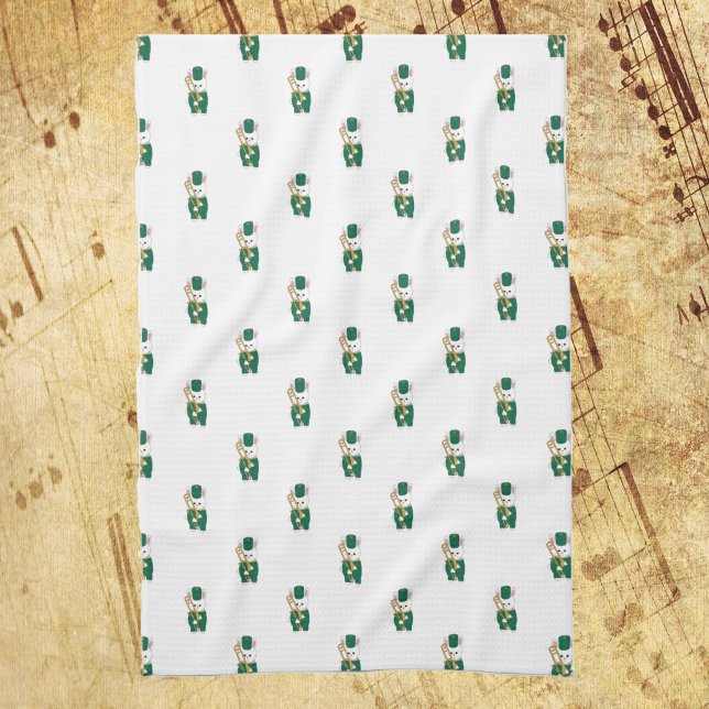 Adorable Trombone Bunny Band Green Gold Pattern Tea Towel (A kitchen towel with a pattern of trombone holding rabbits.)