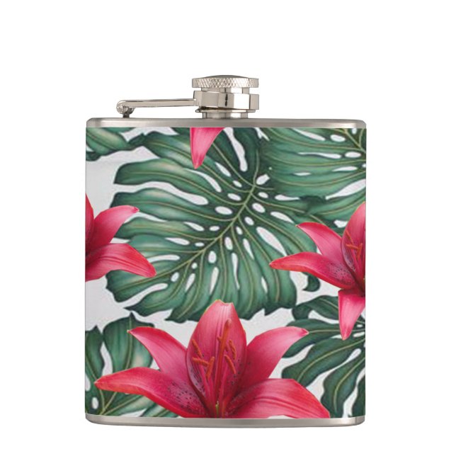 Adorable Tropical Palm Hawaiian Hibiskus Hip Flask (Front)