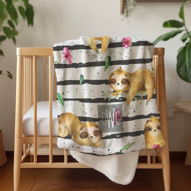 Adorable Tropical Sloth Monogram Sherpa Blanket (Creator Uploaded)