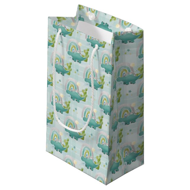 ADORABLE TURQUOISE DINOSAURS & RAINBOWS SMALL GIFT BAG (Front Angled)