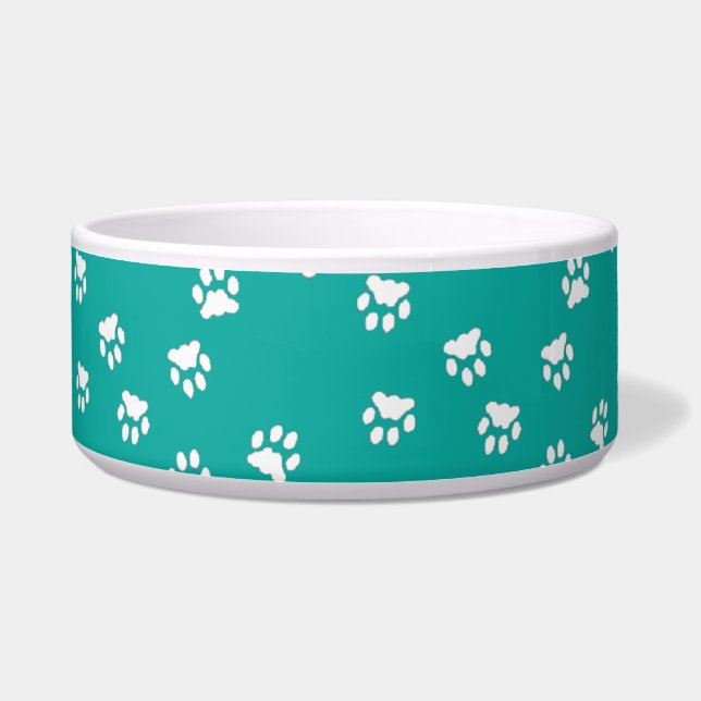 Adorable Turquoise White Paw Print Large Dog Bowl (Front)
