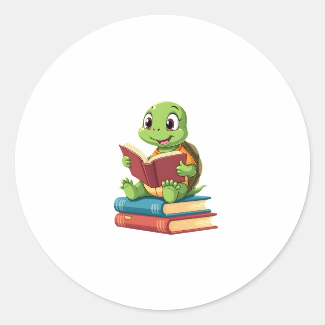 Adorable Turtle Reading Books (2) Classic Round Sticker (Front)