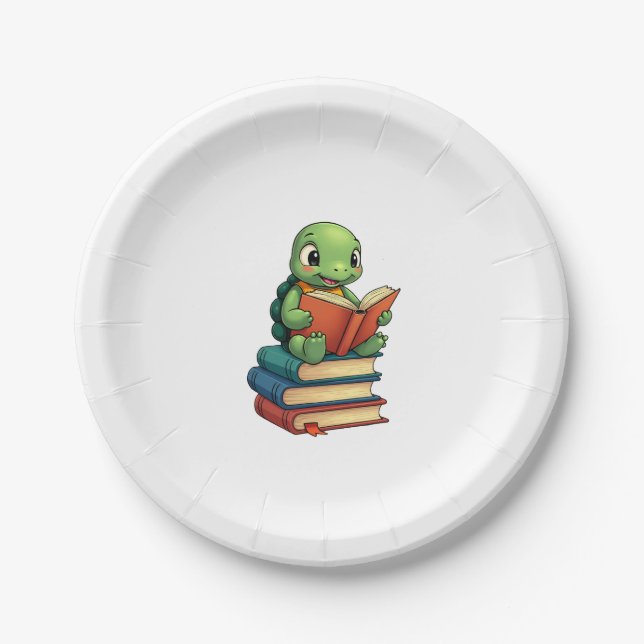 Adorable Turtle Reading Books (3) Paper Plate (Front)