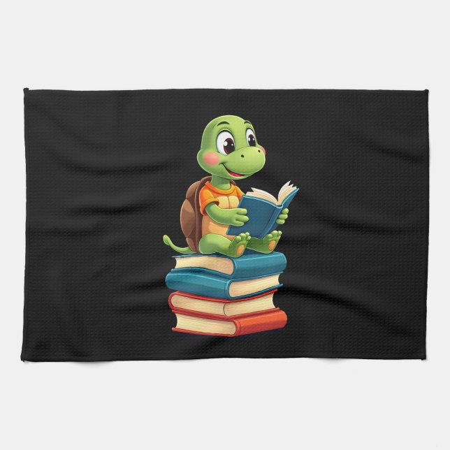 Adorable Turtle Reading Books (4) Tea Towel (Horizontal)