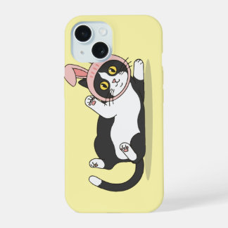 Adorable Tuxedo Cat in Pink Bunny Hat iPhone 15 Case