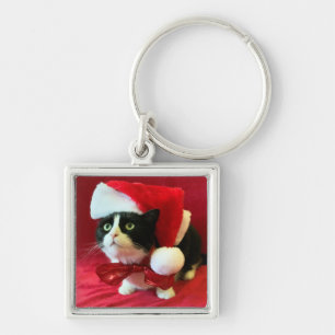 Adorable Tuxedo Cat in Santa Hat Key Ring