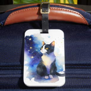 Adorable Tuxedo Cat Watercolor Illustration Luggage Tag