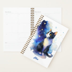 Adorable Tuxedo Cat Watercolor Illustration Planner