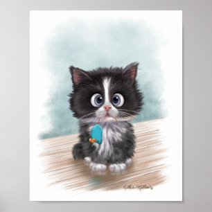 Adorable Tuxedo Kitten Cartoon Poster