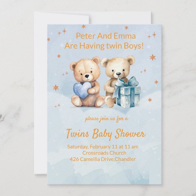 Adorable Twin Baby Boys Announcement Card (Front)