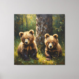 Adorable Twin Bear Cubs in a Sunlit Forest Clearin Canvas Print