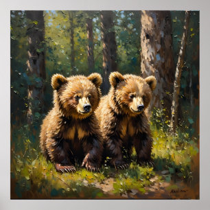 Adorable Twin Bear Cubs in a Sunlit Forest Clearin Poster