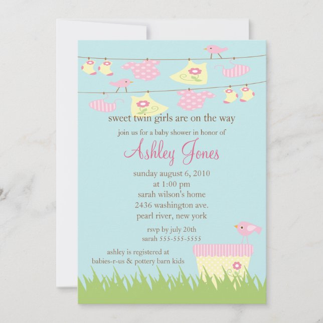 Adorable Twin Girls Clothesline Baby Shower Invitation (Front)